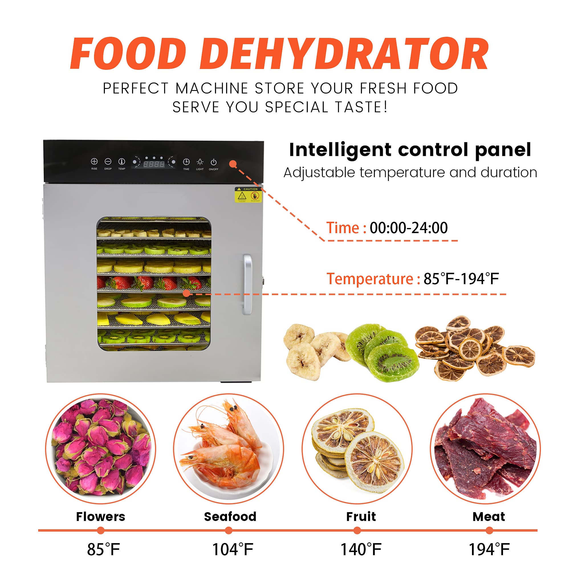 Hakka Food Dehydrator, 8 trays Food Dehydrator Machine for  Jerky/Vegetables/Fruits/Meat/Dog Treats/Herbs, Stainless Steel, 700W