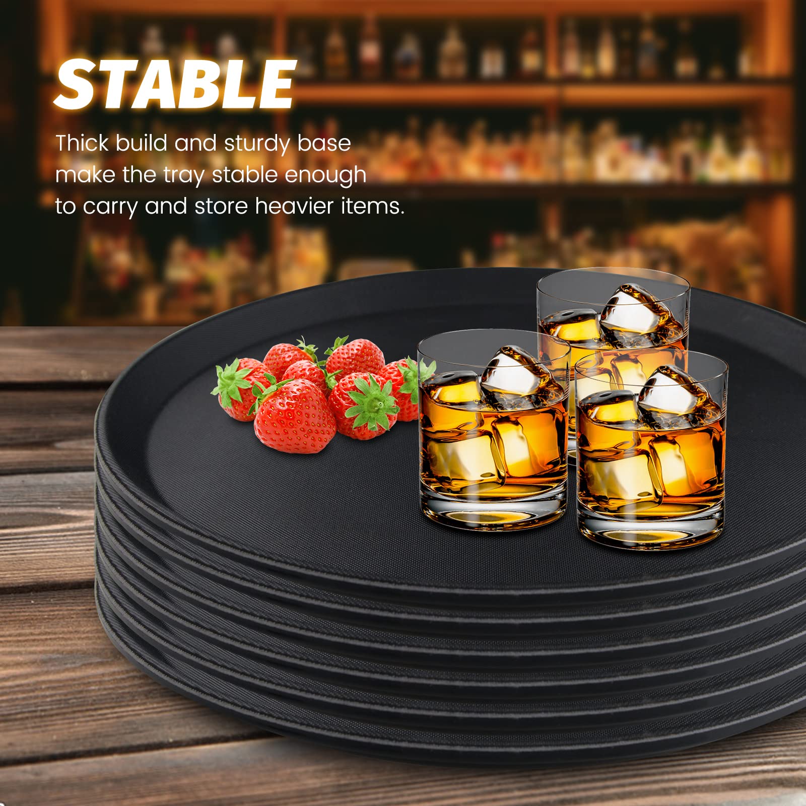 Hakka 6 Pack Restaurant Grade Non-Slip Tray, Fiberglass Serving Trays, Round, 14-inch, Plastic, Black